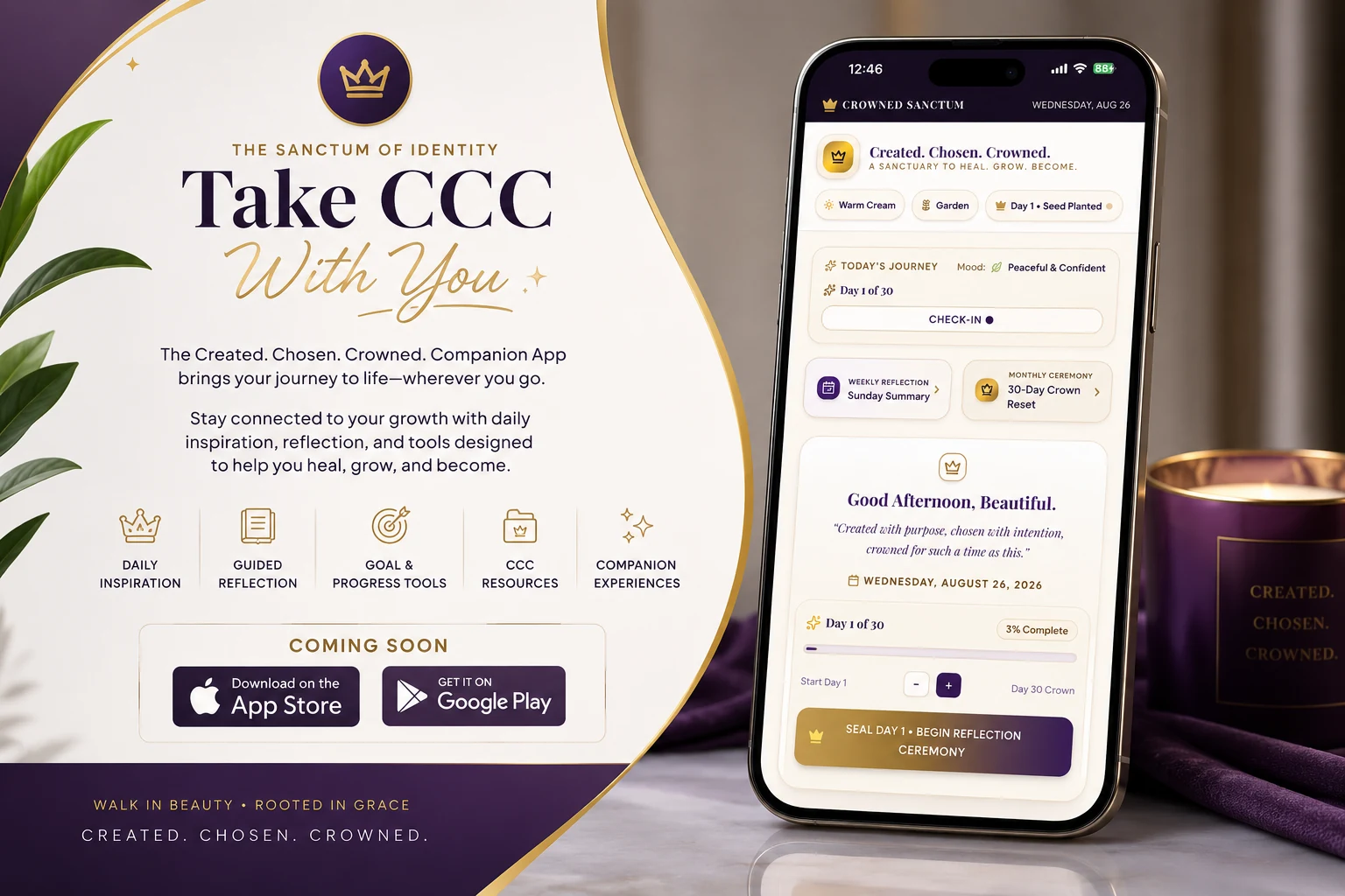 Created. Chosen. Crowned. Companion App preview showing the Crowned Sanctum dashboard